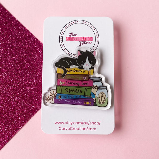 Witch's Tuxedo Cat Book Acrylic Pin