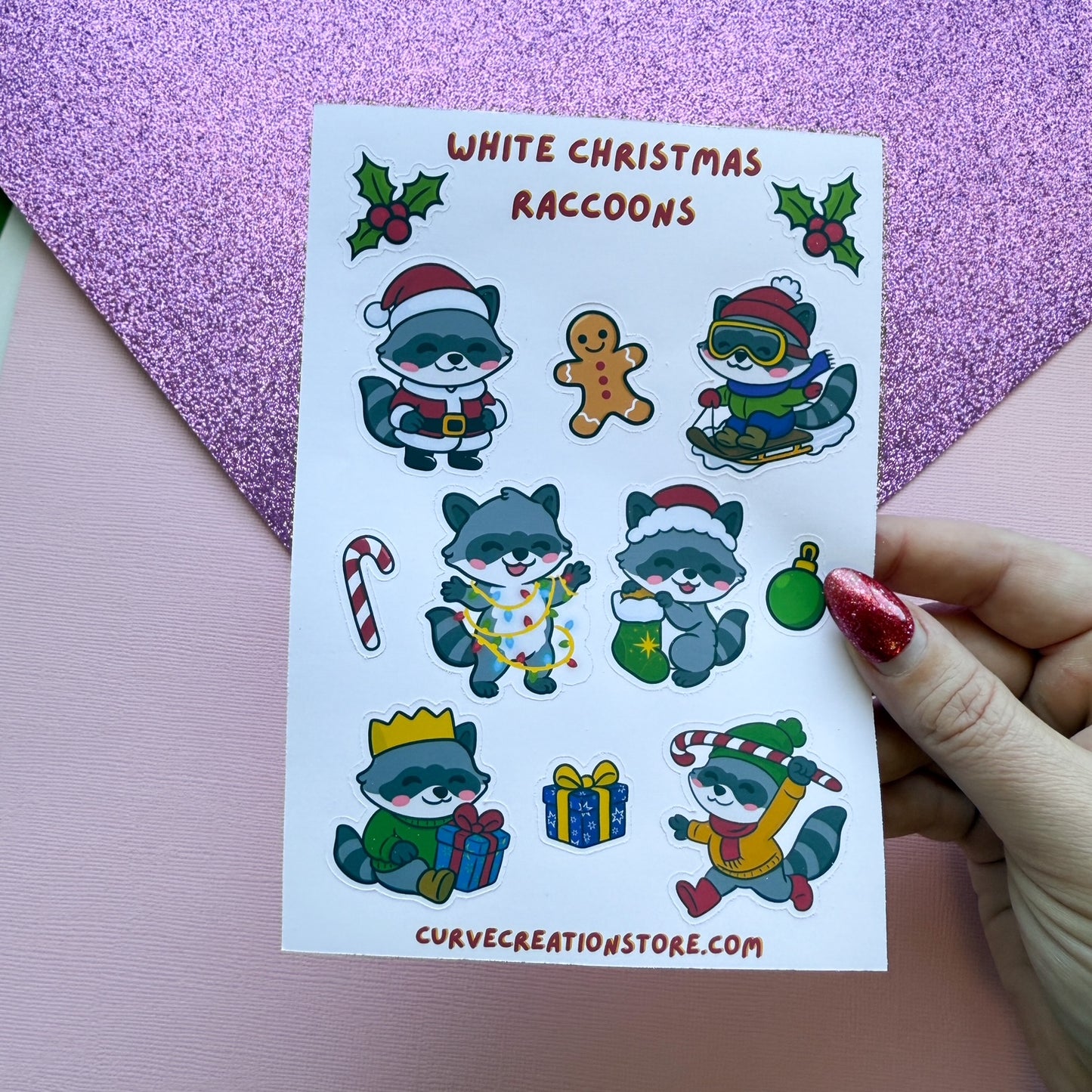 White Christmas Raccoon Sticker Sheet
