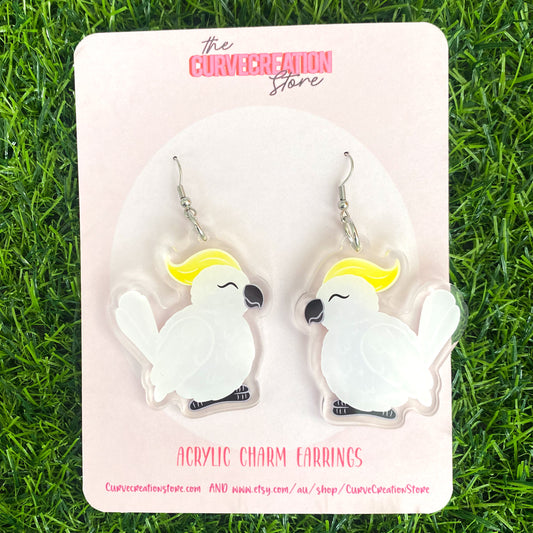 Cockatoo Chunky Round Australian Bird Acrylic Charm Earrings