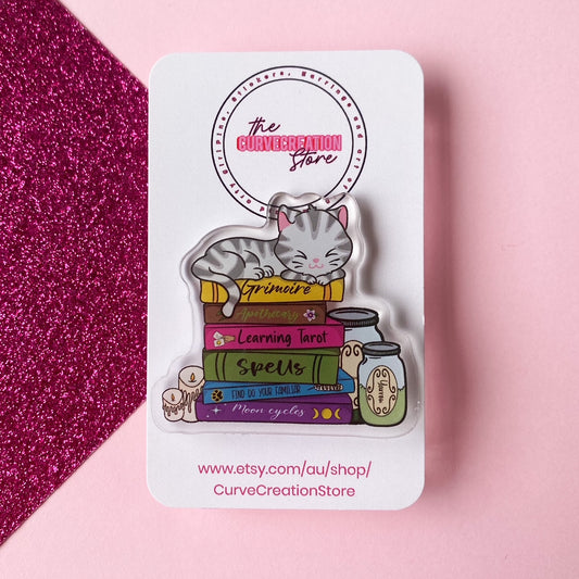 Witch's Grey tabby Cat Book Acrylic Pin