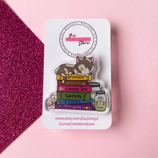 Witch's Calico Cat Book Acrylic Pin