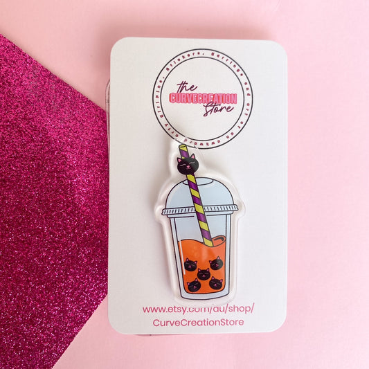 Black Cat Spooky Bubble Tea Acrylic Pin