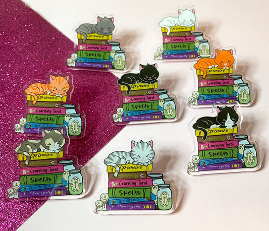 Witch's Cat Book Acrylic Pin | Multiple Fur Colourways