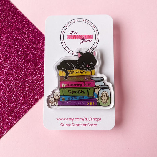 Witch's Black Cat Book Acrylic Pin