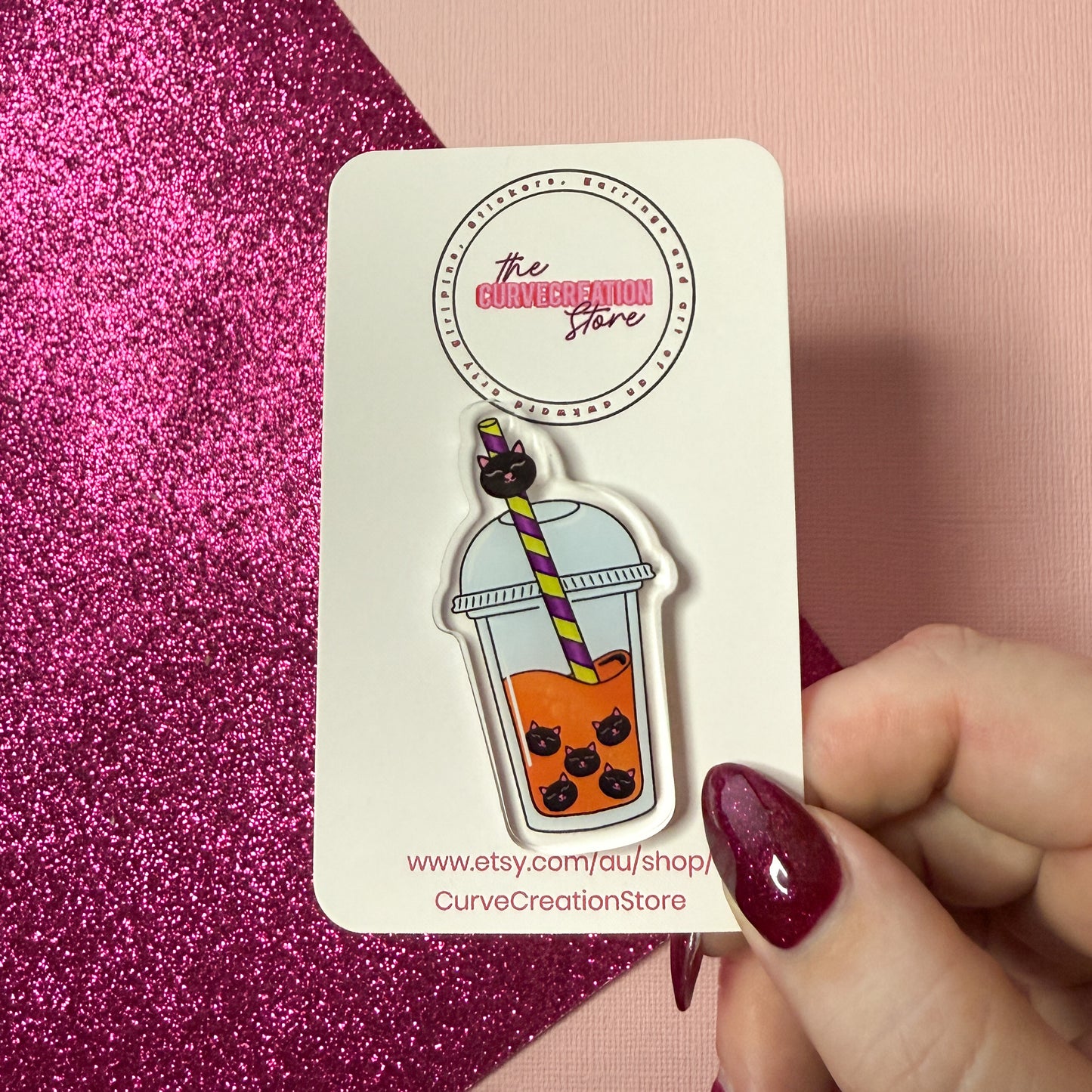Black Cat Spooky Bubble Tea Acrylic Pin