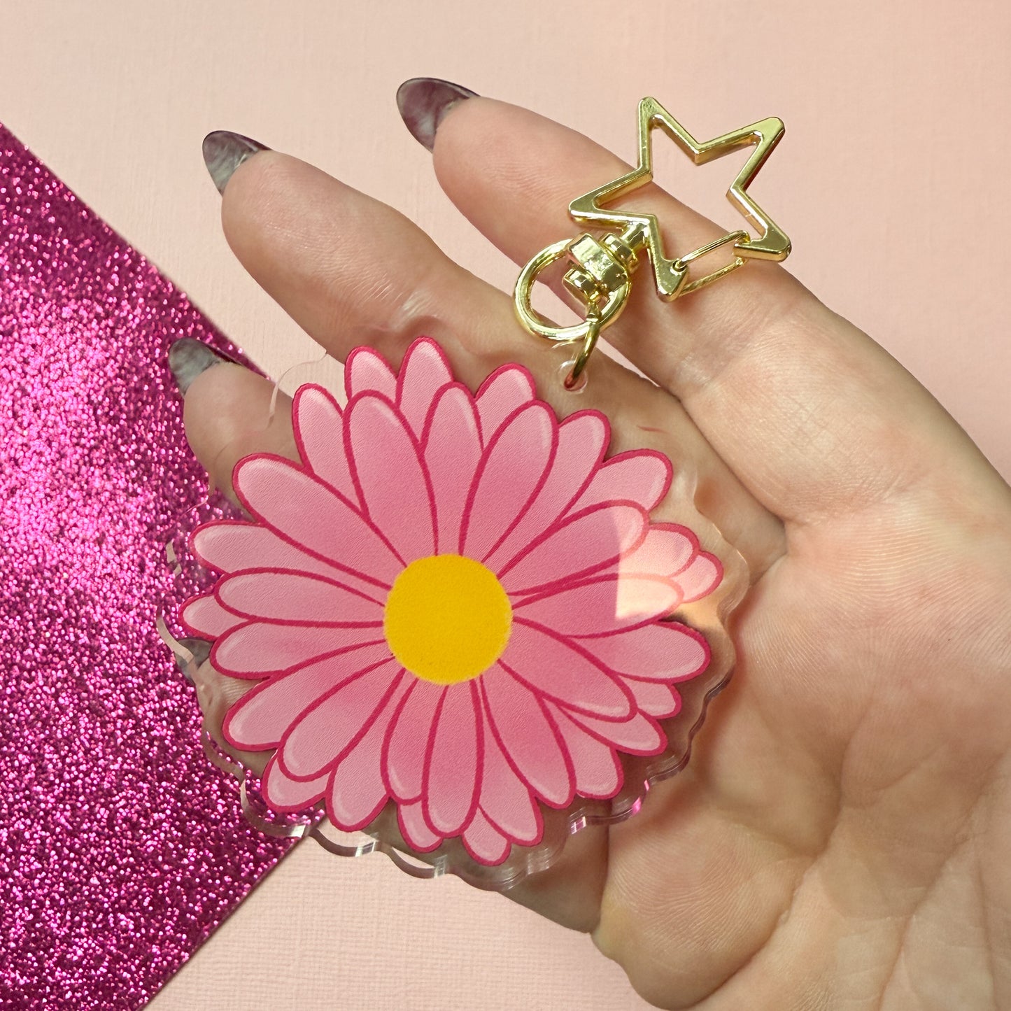 Pink Floral Daisy Acrylic Keychain