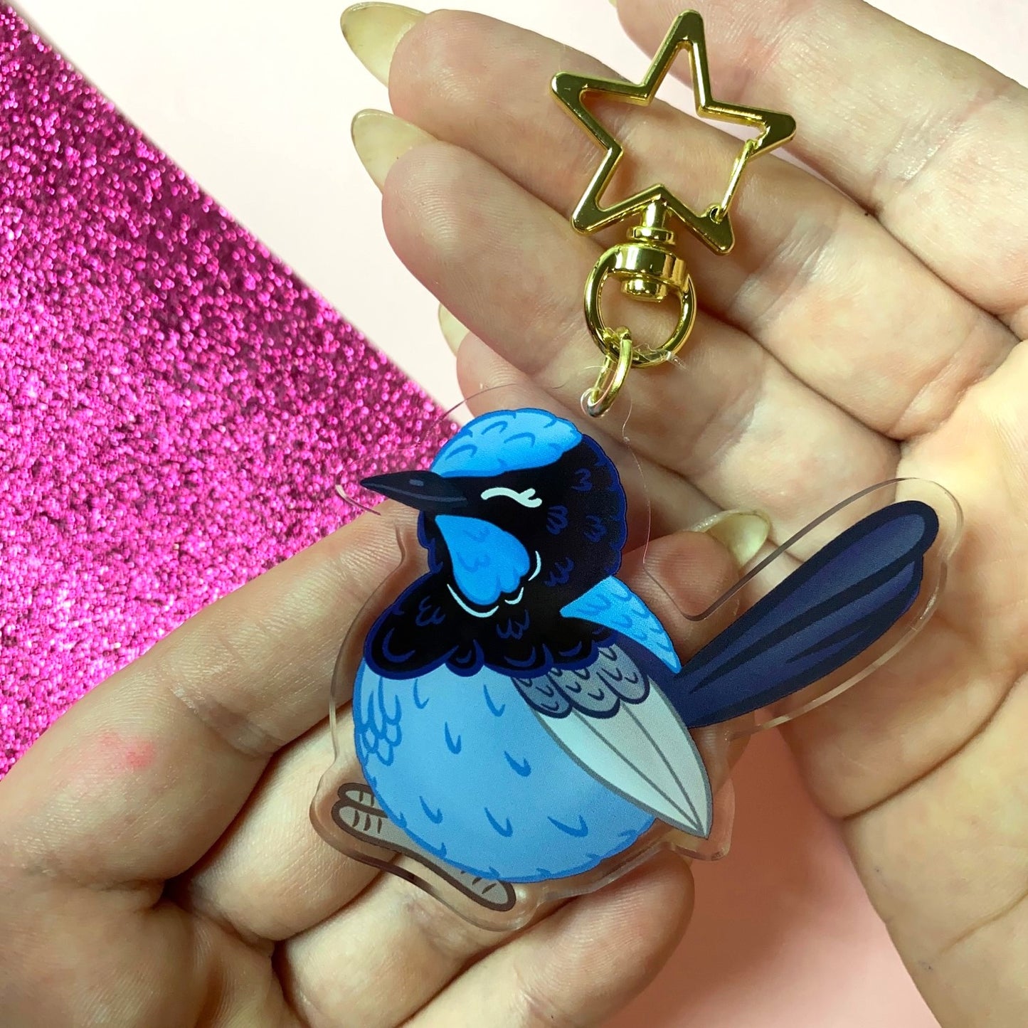 Fairy Wren Chunky Round Australian Bird Acrylic Glitter Keychain