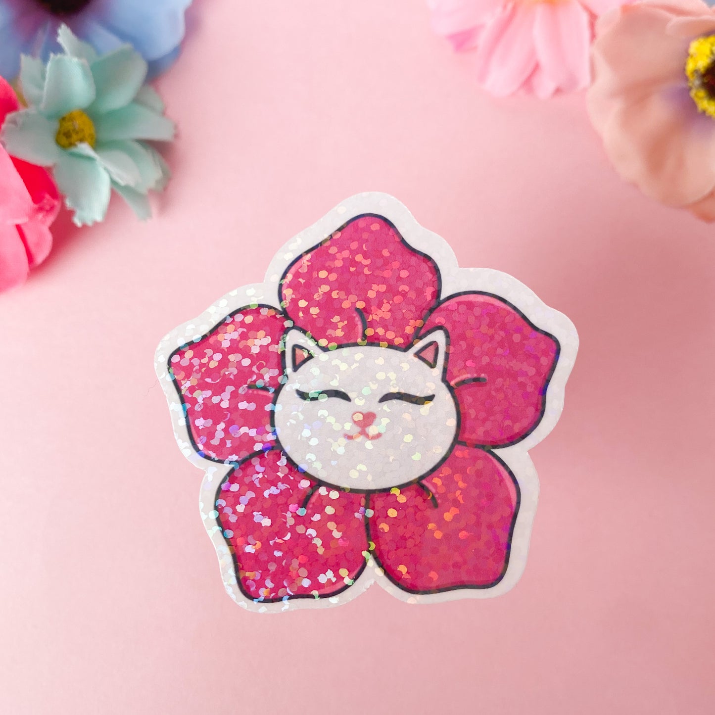 Whitney the White Cat Blooms Sticker | Bullet Journal, Scrapbook Sticker, Planner Stickers, Positive Quotes